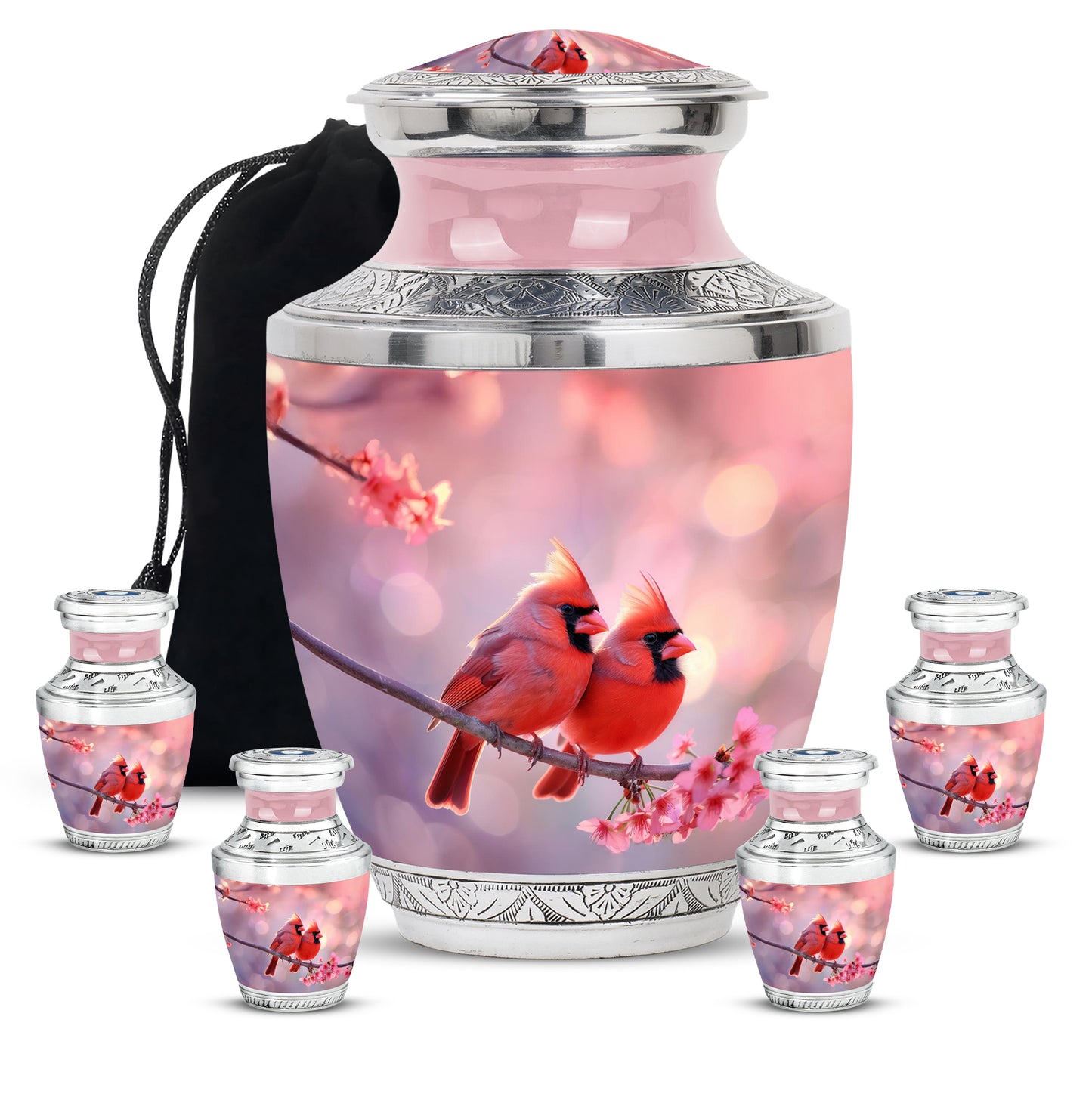 Burgundy Red Cardinal Cremation Urn lifestyle display on memorial shelf - modern art-inspired cardinal motif on sleek aluminum - memorial set with one large and four small urns