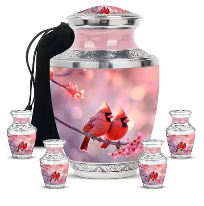 Burgundy Red Cardinal Cremation Urn lifestyle display on memorial shelf - modern art-inspired cardinal motif on sleek aluminum - memorial set with one large and four small urns