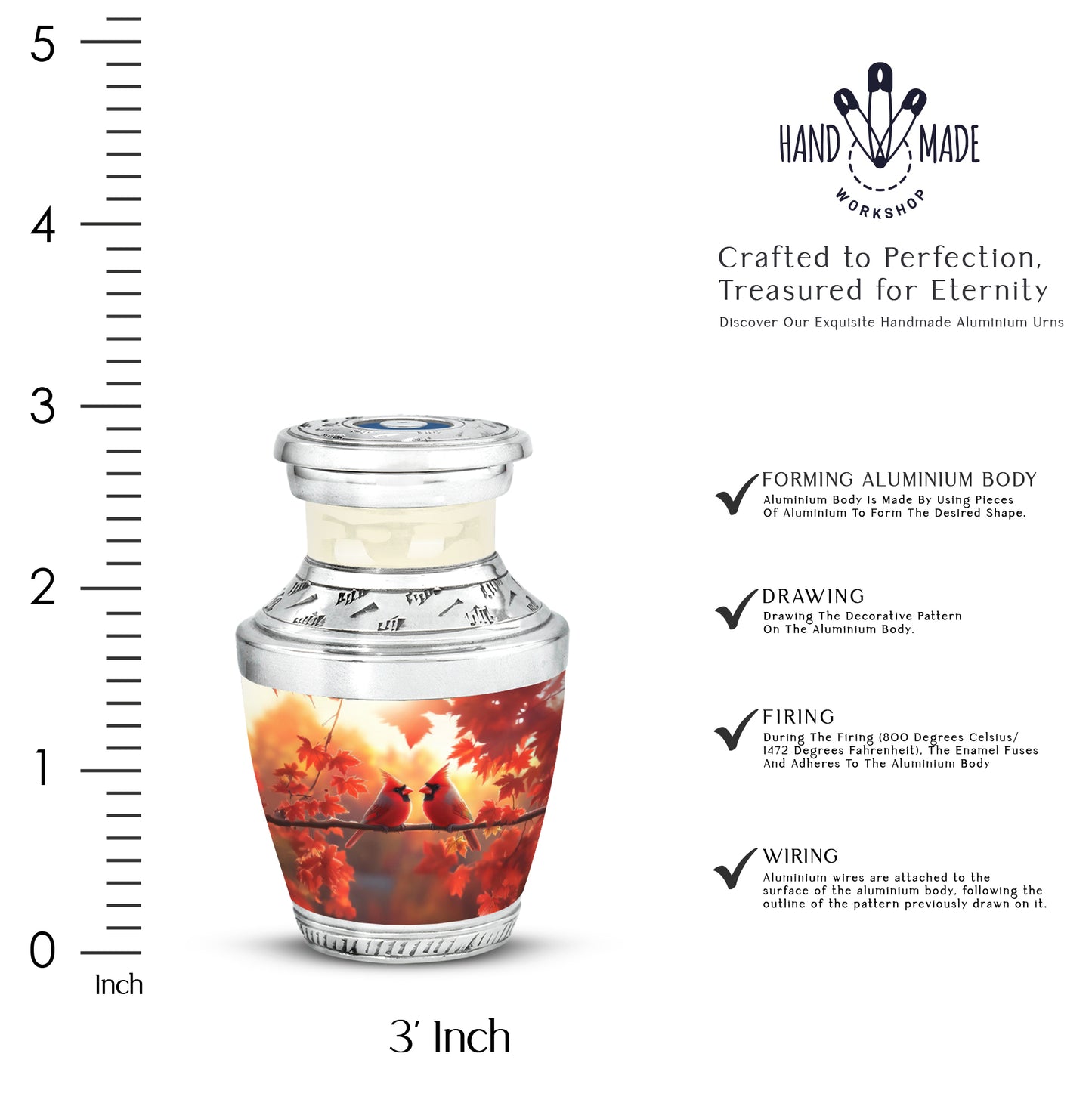 Burnished Gold Cardinal Cremation Urn top-down view of secure threaded lid - stylized abstract cardinal pattern with bold lines - mini keepsake memorial for portion of cremation ashes
