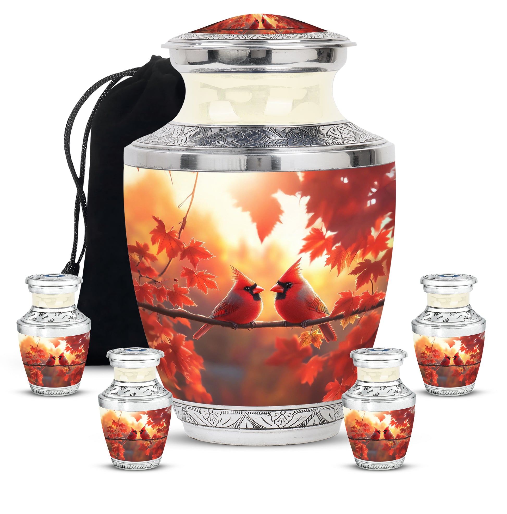 Matte Gold Cardinal Cremation Urn lifestyle display on memorial shelf - artistic cardinal interpretation with creative detail - memorial set with one large and four small urns