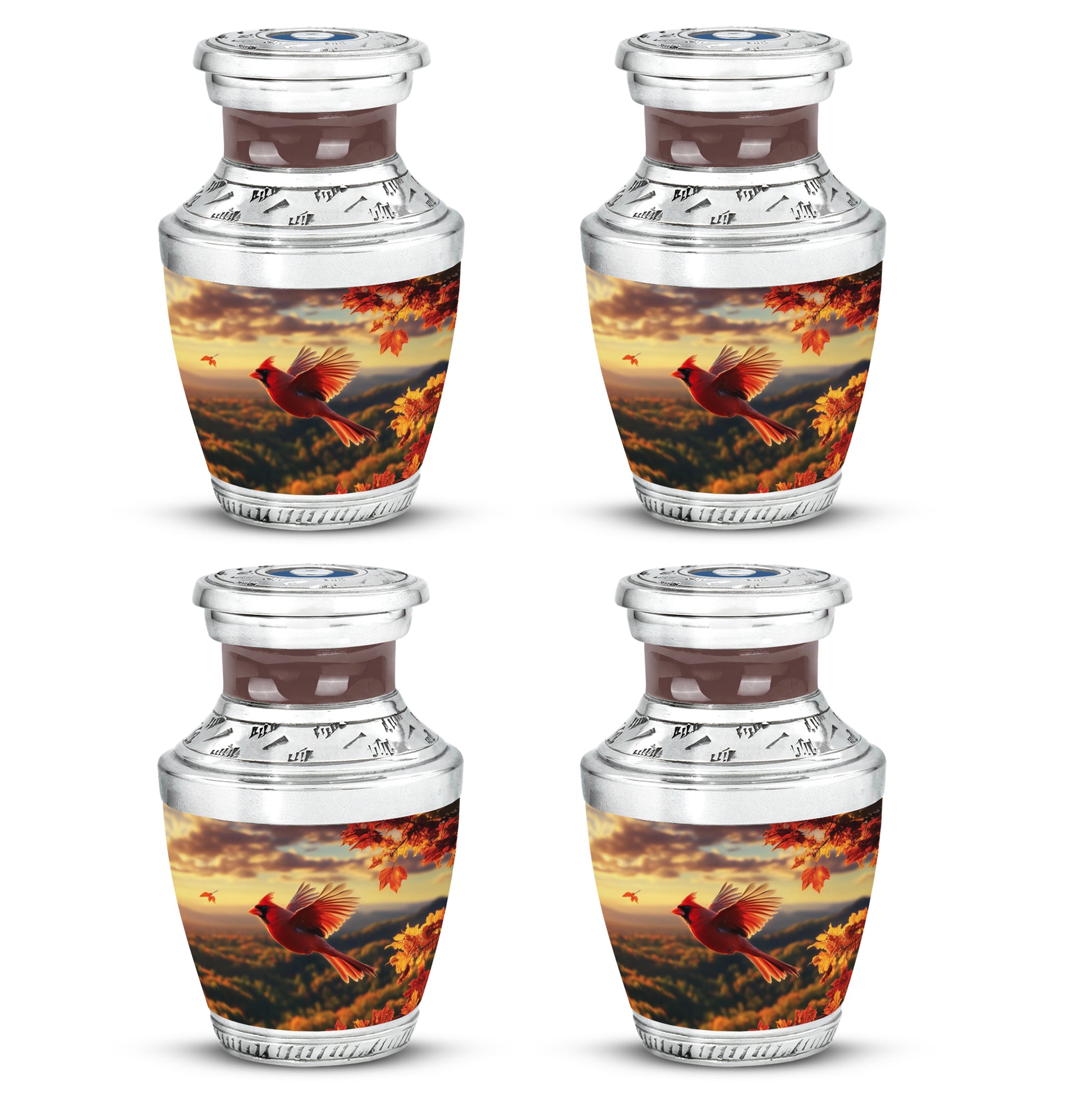 Antique Gold Cardinal Cremation Urn back view with polished surface - contemporary cardinal design with modern artistic flair - 10 inch aluminum urn for cremated remains