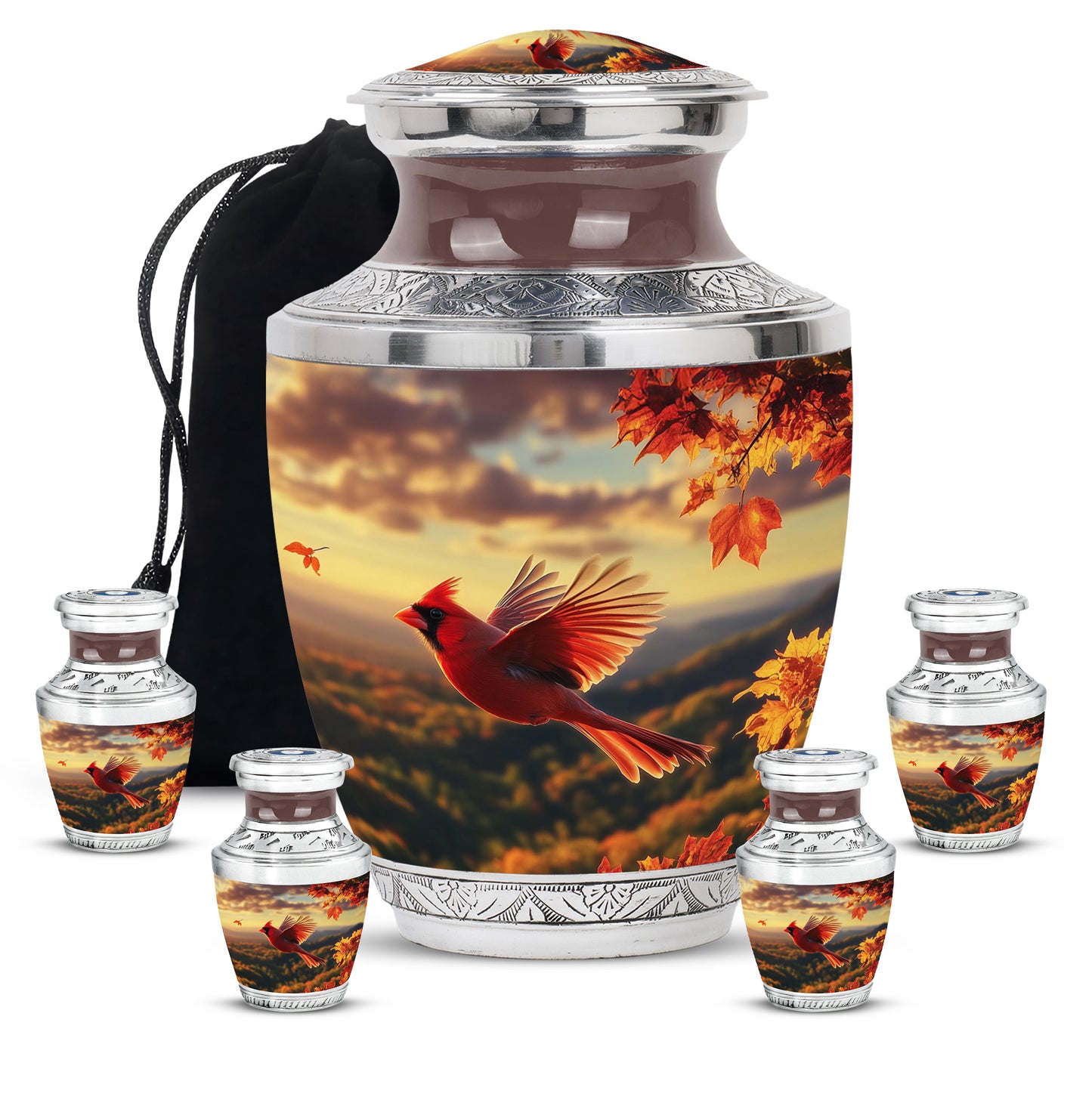 Gilded Gold Cardinal Cremation Urn lifestyle display on memorial shelf - contemporary cardinal design with modern artistic flair - memorial set with one large and four small urns