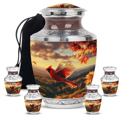 Gilded Gold Cardinal Cremation Urn lifestyle display on memorial shelf - contemporary cardinal design with modern artistic flair - memorial set with one large and four small urns