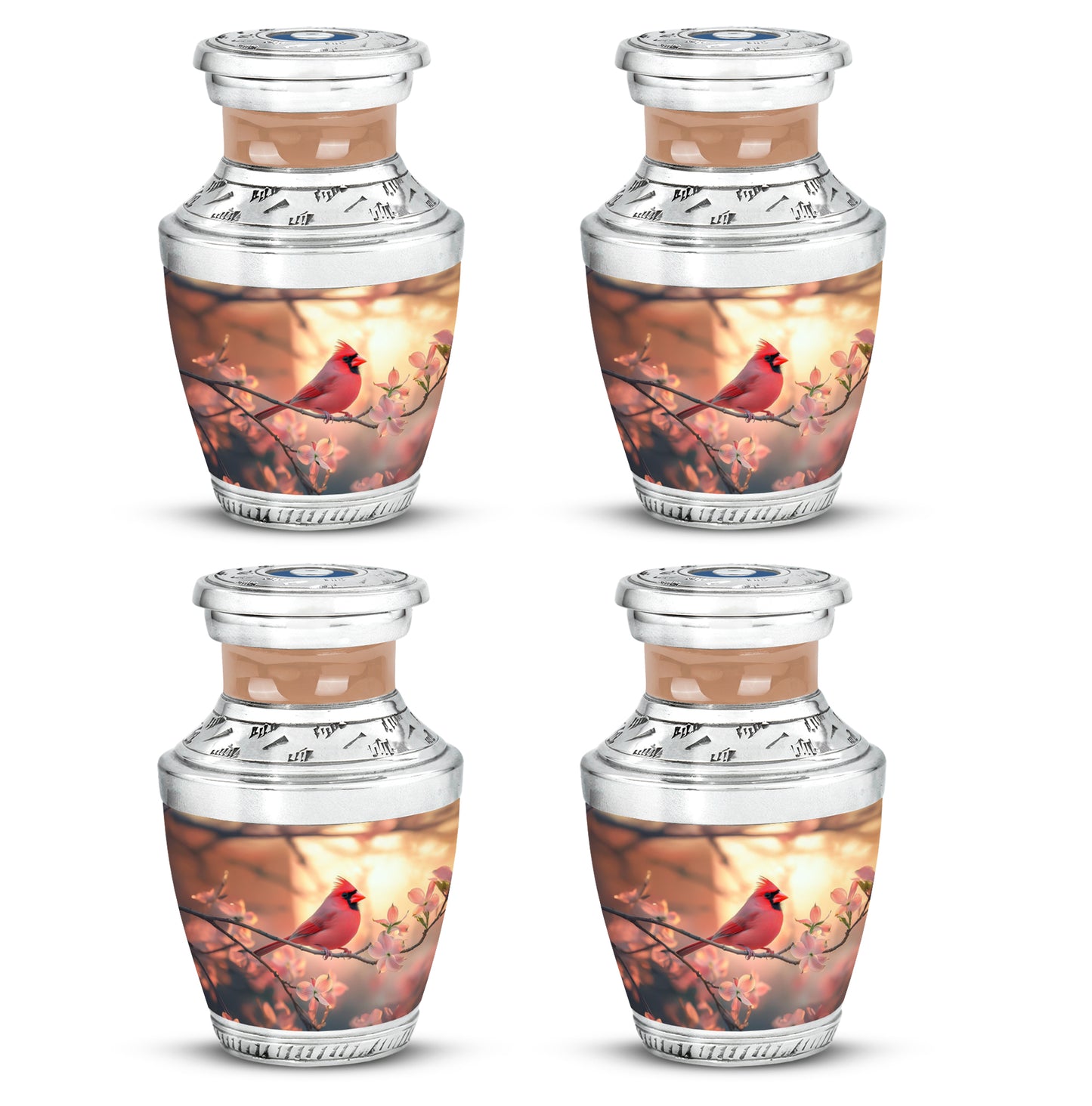 Matte Gold Cardinal Cremation Urn back view with polished surface - stylized abstract cardinal pattern with bold lines - 10 inch aluminum urn for cremated remains