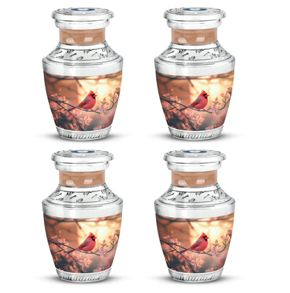 Matte Gold Cardinal Cremation Urn back view with polished surface - stylized abstract cardinal pattern with bold lines - 10 inch aluminum urn for cremated remains