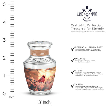 Sunrise Gold Cardinal Cremation Urn top-down view of secure threaded lid - modern art-inspired cardinal motif on sleek aluminum - mini keepsake memorial for portion of cremation ashes