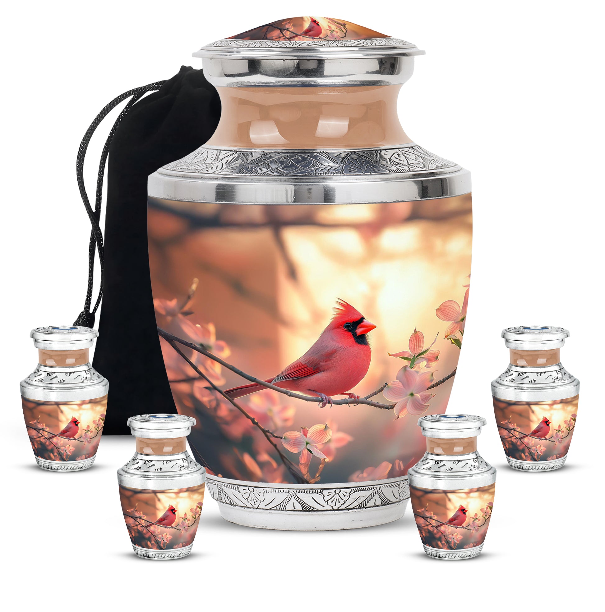 Amber Gold Cardinal Cremation Urn lifestyle display on memorial shelf - modern art-inspired cardinal motif on sleek aluminum - memorial set with one large and four small urns