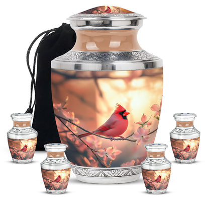 Amber Gold Cardinal Cremation Urn lifestyle display on memorial shelf - modern art-inspired cardinal motif on sleek aluminum - memorial set with one large and four small urns