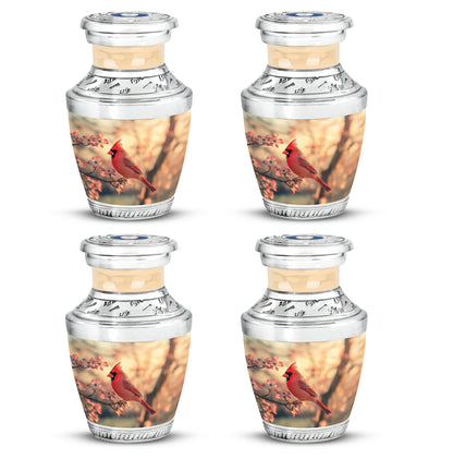 Harvest Gold Cardinal Cremation Urn back view with polished surface - artistic cardinal interpretation with creative detail - 10 inch aluminum urn for cremated remains