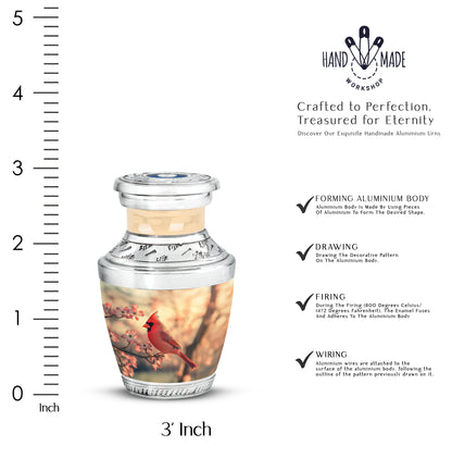 Antique Gold Cardinal Cremation Urn top-down view of secure threaded lid - contemporary cardinal design with modern artistic flair - mini keepsake memorial for portion of cremation ashes