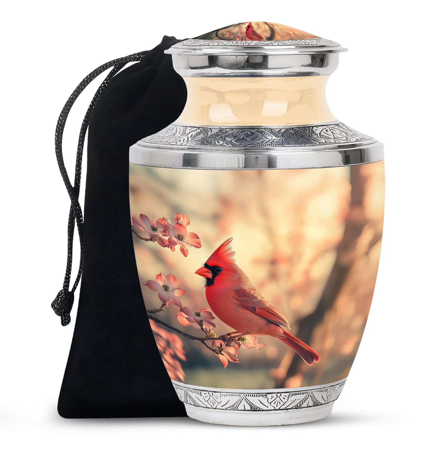 Antique Gold Cardinal Cremation Urn side profile showing urn shape - modern art-inspired cardinal motif on sleek aluminum - full-size 10 inch 200 cubic inch adult cremation urn