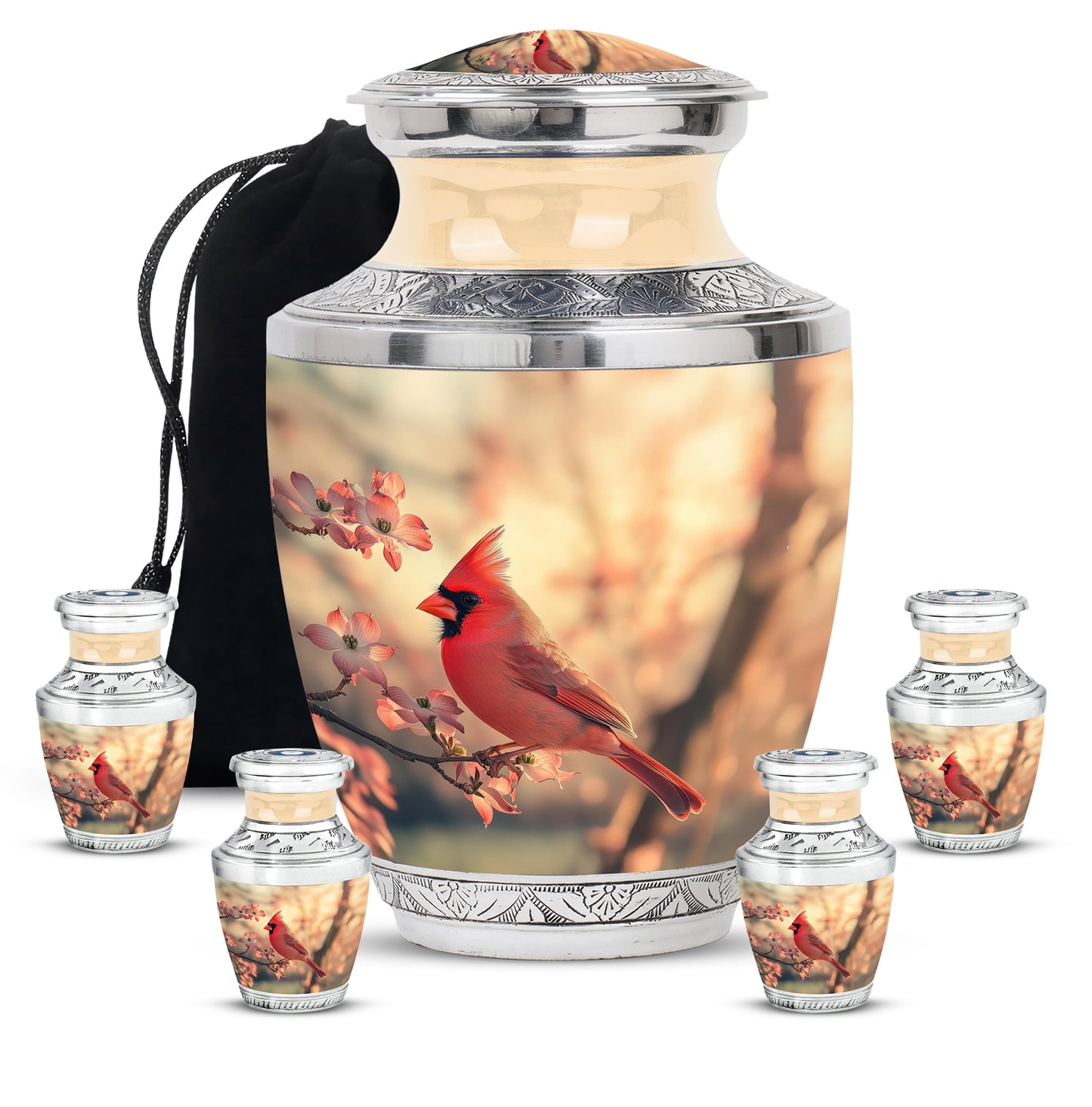 Burnished Gold Cardinal Cremation Urn lifestyle display on memorial shelf - stylized abstract cardinal pattern with bold lines - memorial set with one large and four small urns