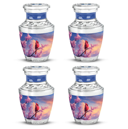 Icy Blue Cardinal Cremation Urn back view with polished surface - modern art-inspired cardinal motif on sleek aluminum - 10 inch aluminum urn for cremated remains