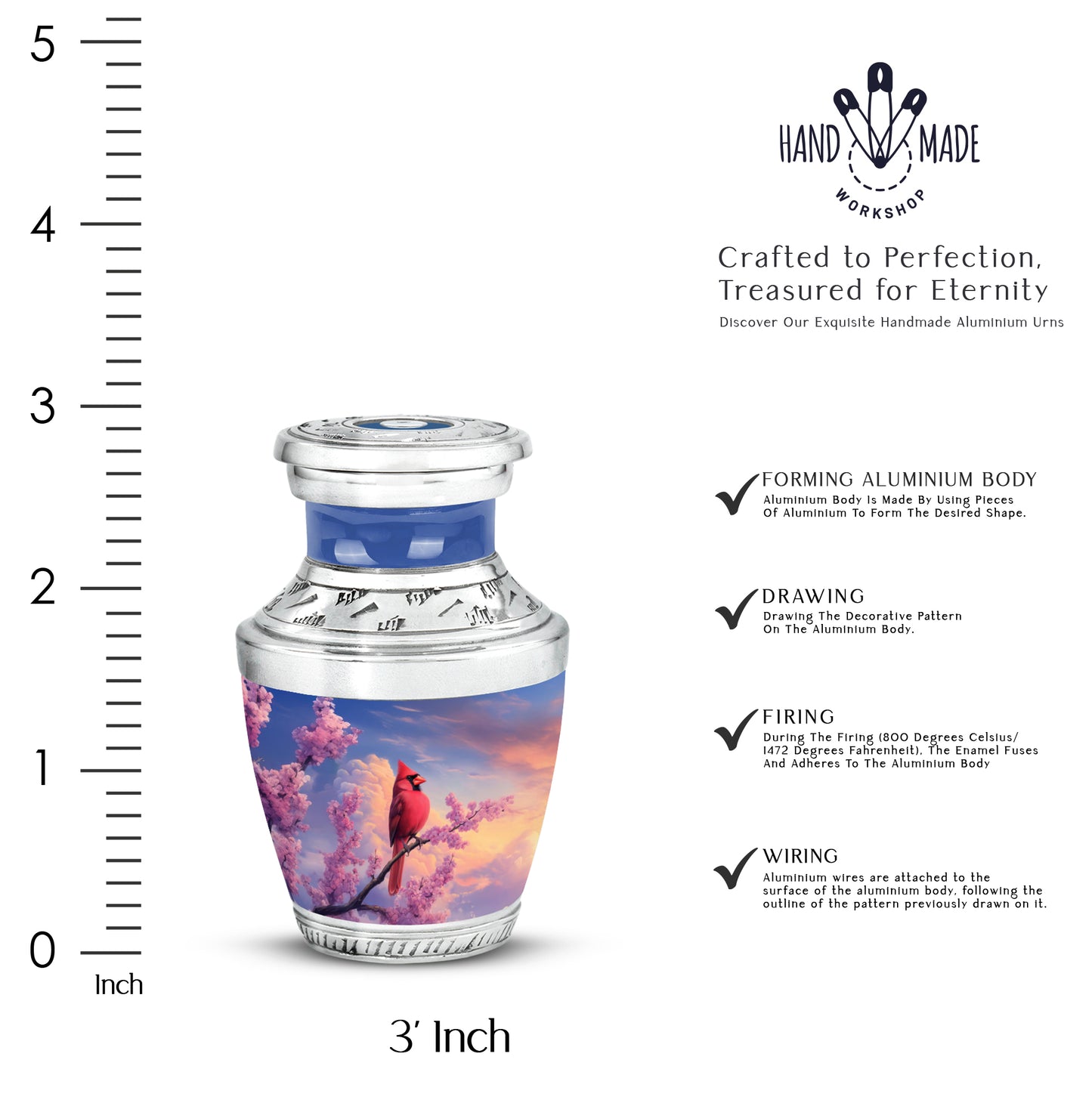 Sapphire Blue Cardinal Cremation Urn top-down view of secure threaded lid - stylized abstract cardinal pattern with bold lines - mini keepsake memorial for portion of cremation ashes