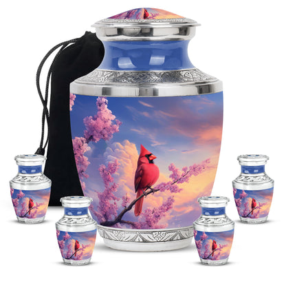 Calming Blue Cardinal Cremation Urn lifestyle display on memorial shelf - artistic cardinal interpretation with creative detail - memorial set with one large and four small urns