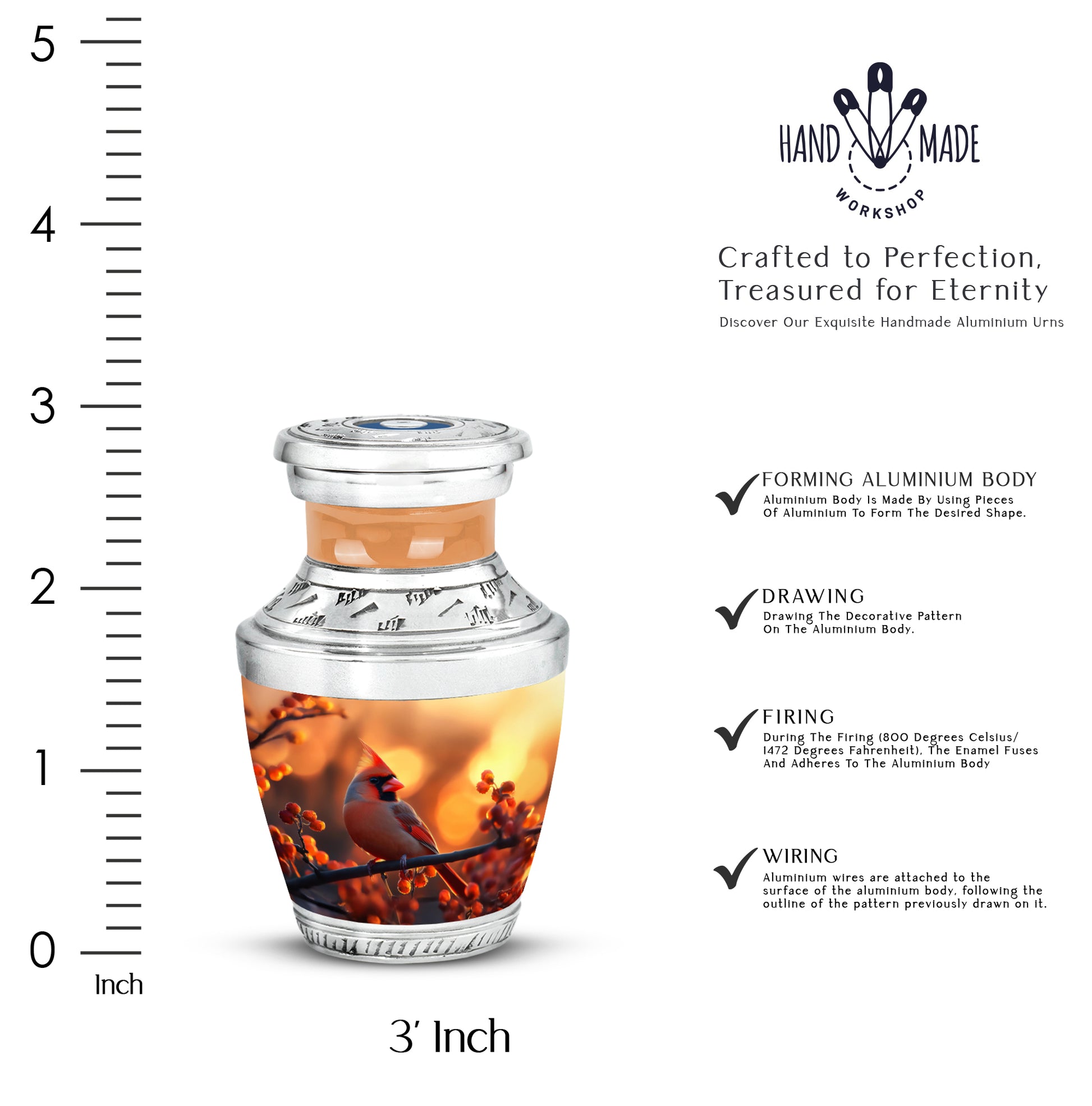 Gilded Gold Cardinal Cremation Urn top-down view of secure threaded lid - contemporary cardinal design with modern artistic flair - mini keepsake memorial for portion of cremation ashes