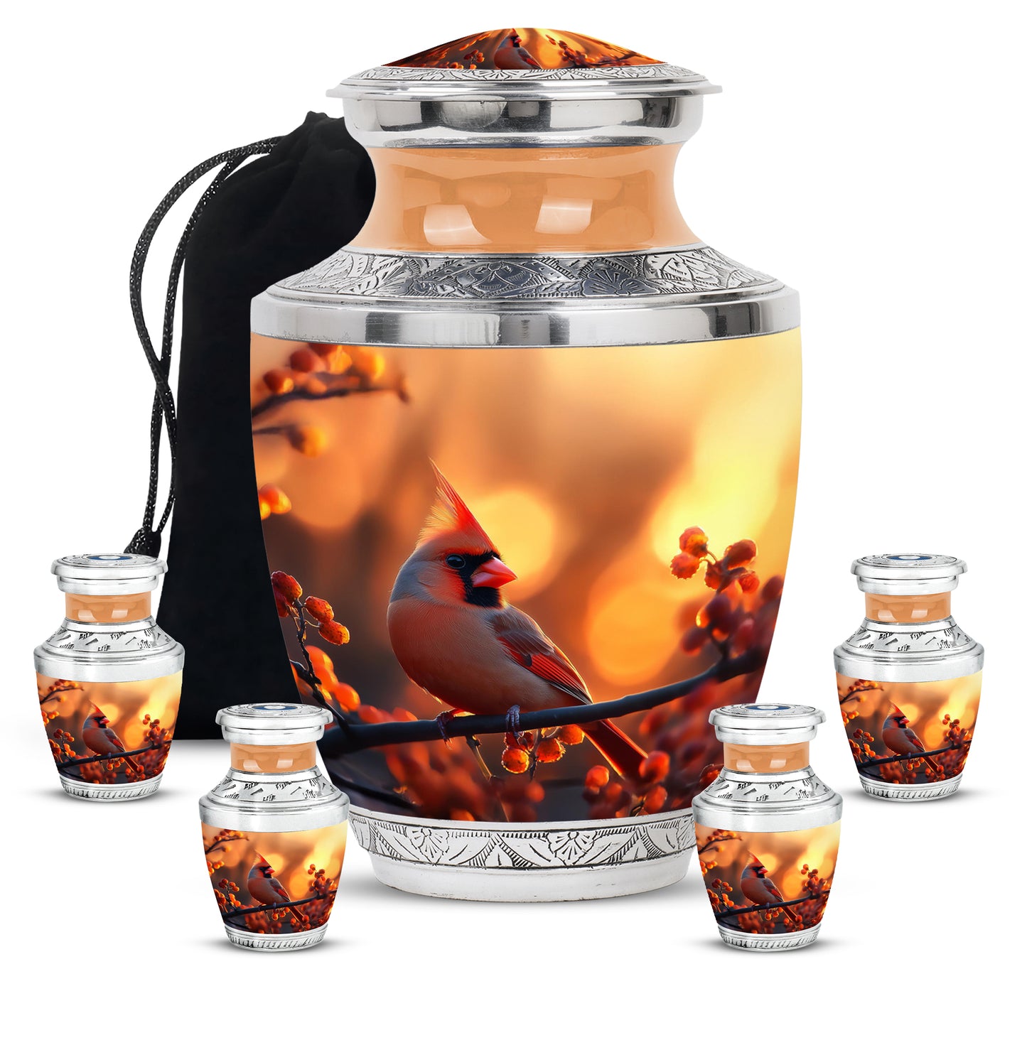 Matte Gold Cardinal Cremation Urn lifestyle display on memorial shelf - artistic cardinal interpretation with creative detail - memorial set with one large and four small urns