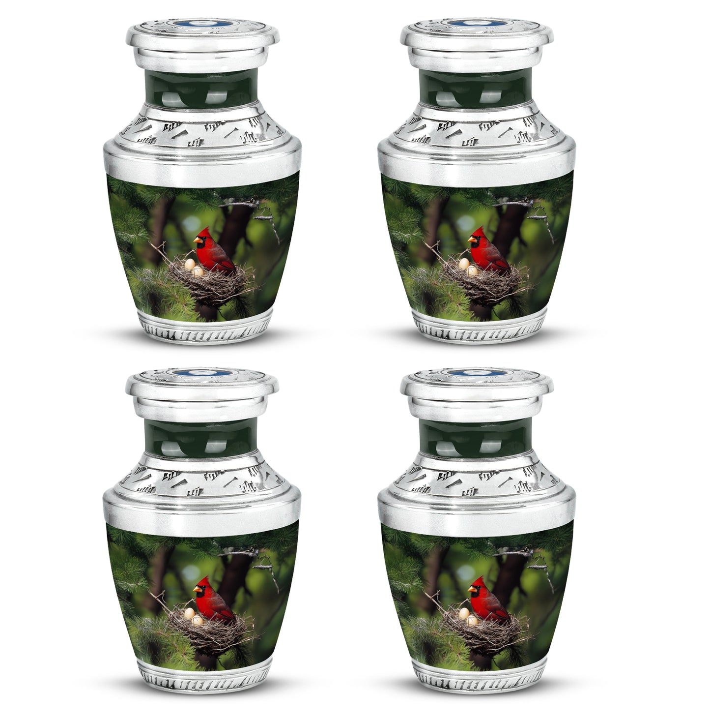 Verdant Green Cardinal Cremation Urn back view with polished surface - contemporary cardinal design with modern artistic flair - 10 inch aluminum urn for cremated remains
