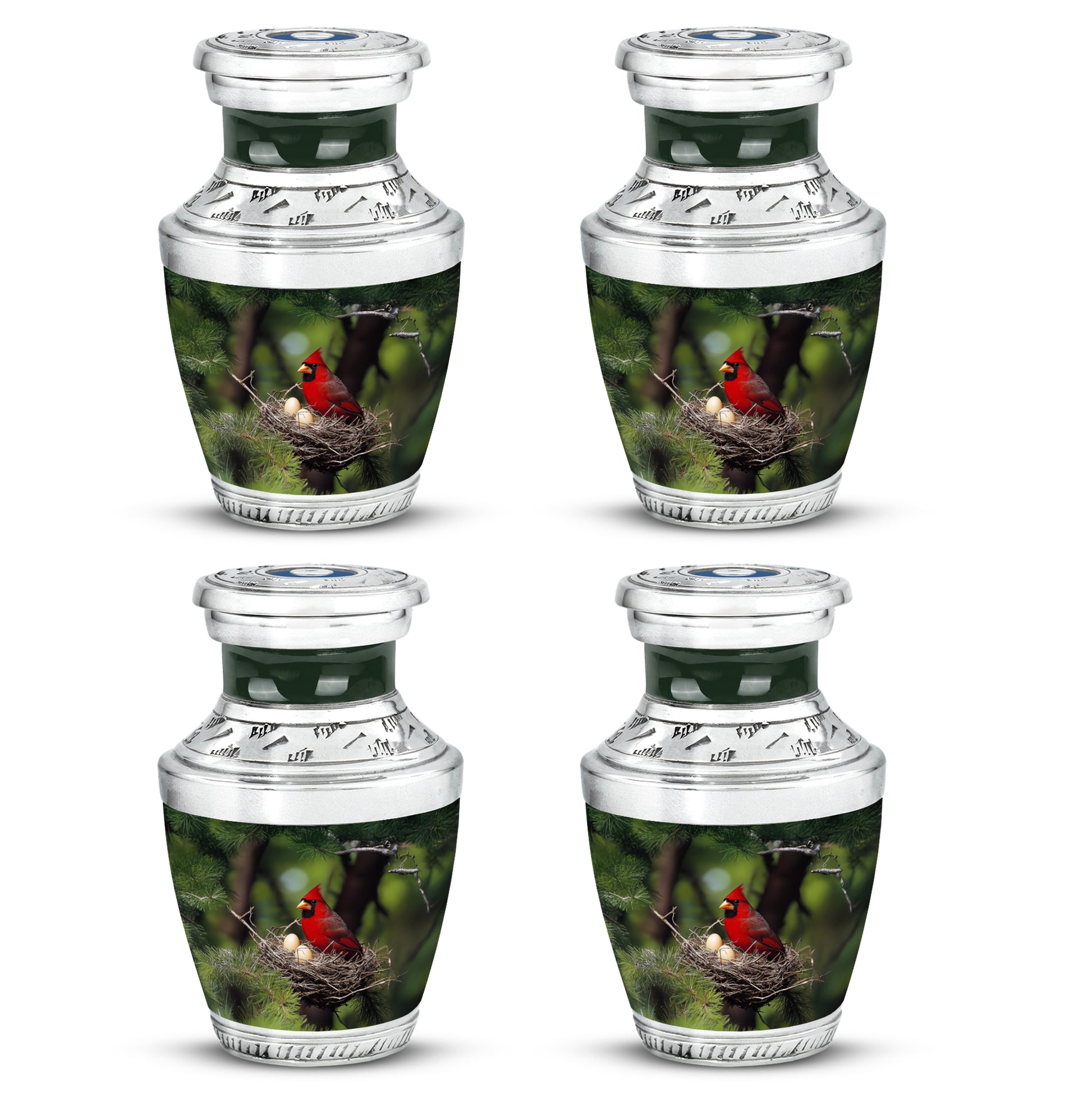 Verdant Green Cardinal Cremation Urn back view with polished surface - contemporary cardinal design with modern artistic flair - 10 inch aluminum urn for cremated remains
