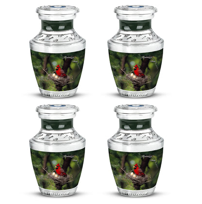 Verdant Green Cardinal Cremation Urn back view with polished surface - contemporary cardinal design with modern artistic flair - 10 inch aluminum urn for cremated remains
