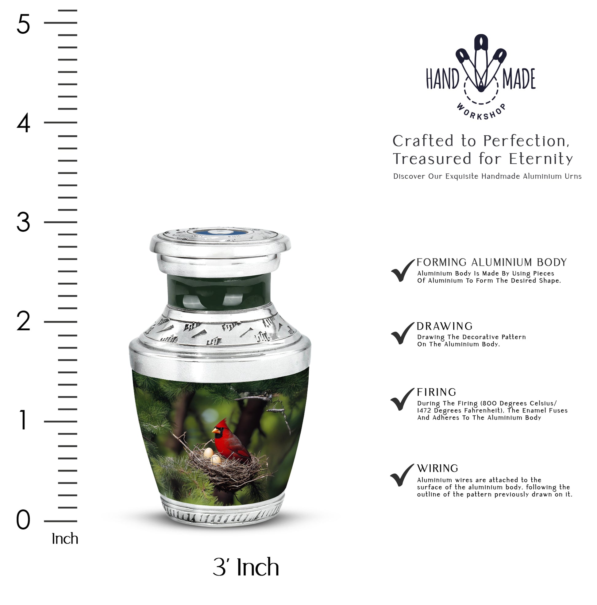 Mint Green Cardinal Cremation Urn top-down view of secure threaded lid - artistic cardinal interpretation with creative detail - mini keepsake memorial for portion of cremation ashes