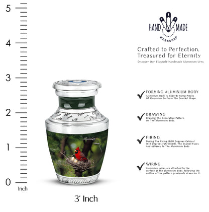 Mint Green Cardinal Cremation Urn top-down view of secure threaded lid - artistic cardinal interpretation with creative detail - mini keepsake memorial for portion of cremation ashes