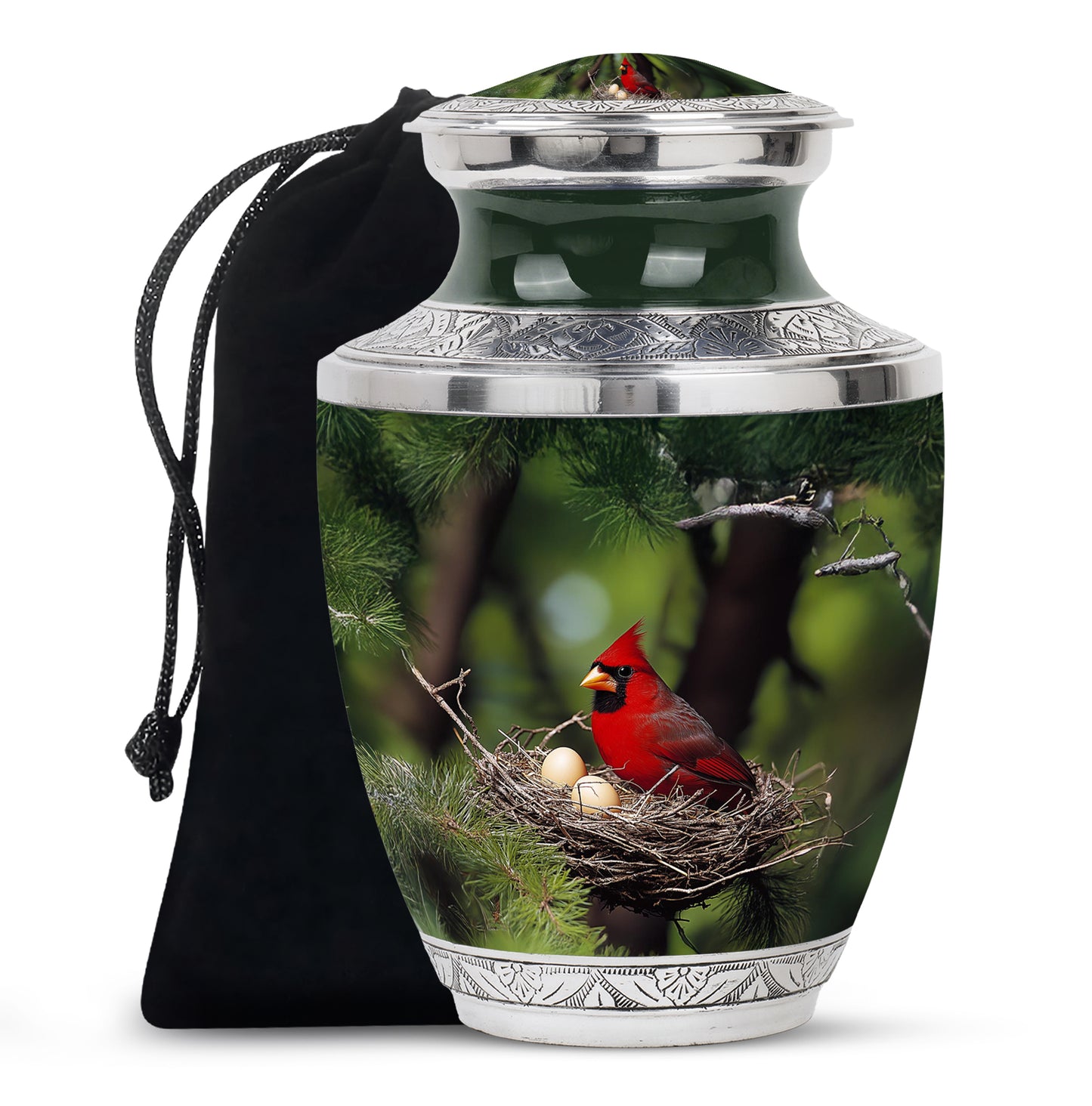 Verdant Green Cardinal Cremation Urn side profile showing urn shape - modern art-inspired cardinal motif on sleek aluminum - full-size 10 inch 200 cubic inch adult cremation urn