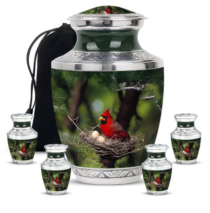 Olive Green Cardinal Cremation Urn lifestyle display on memorial shelf - stylized abstract cardinal pattern with bold lines - memorial set with one large and four small urns