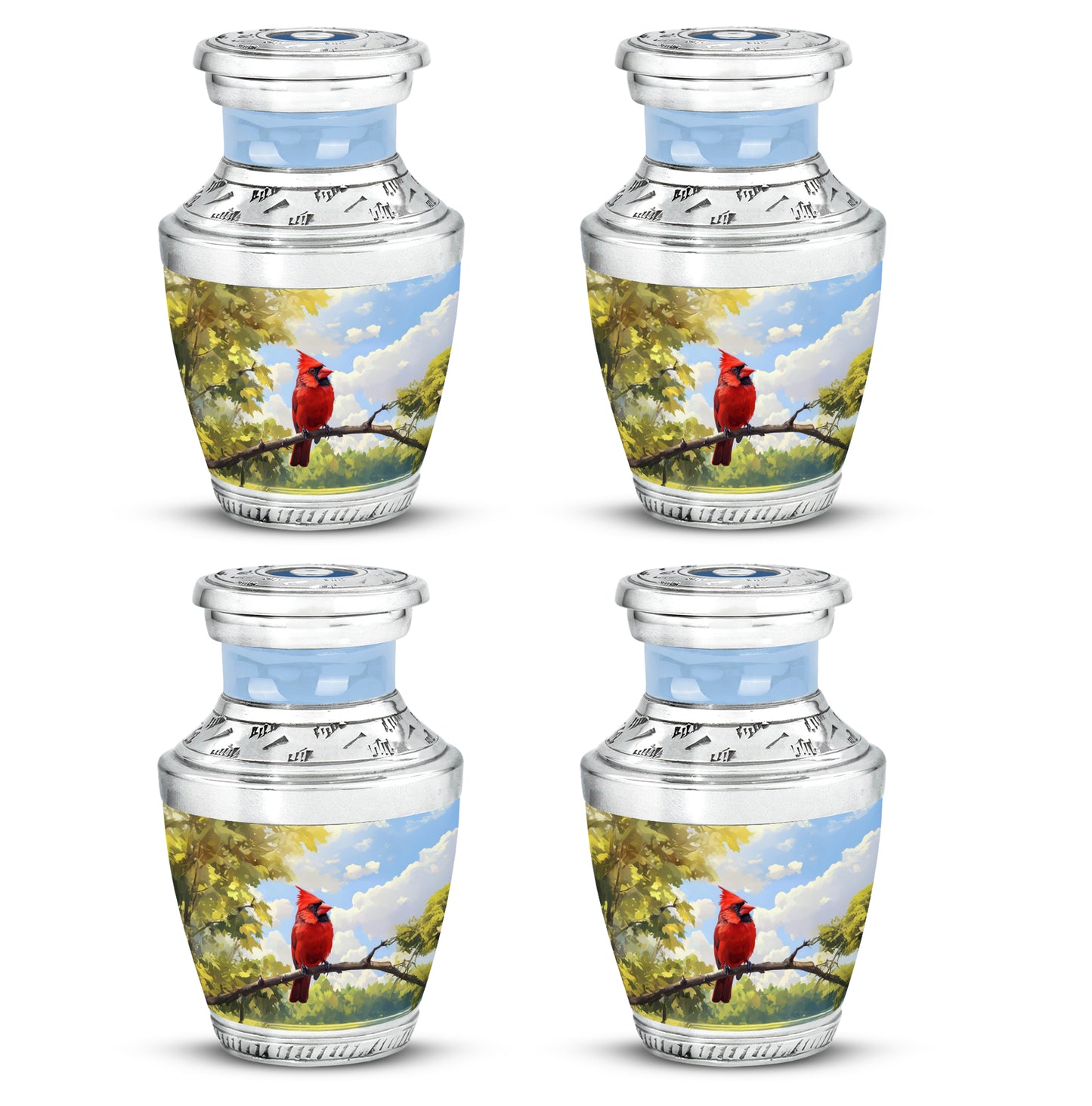 Slate Blue Cardinal Cremation Urn back view with polished surface - contemporary cardinal design with modern artistic flair - 10 inch aluminum urn for cremated remains