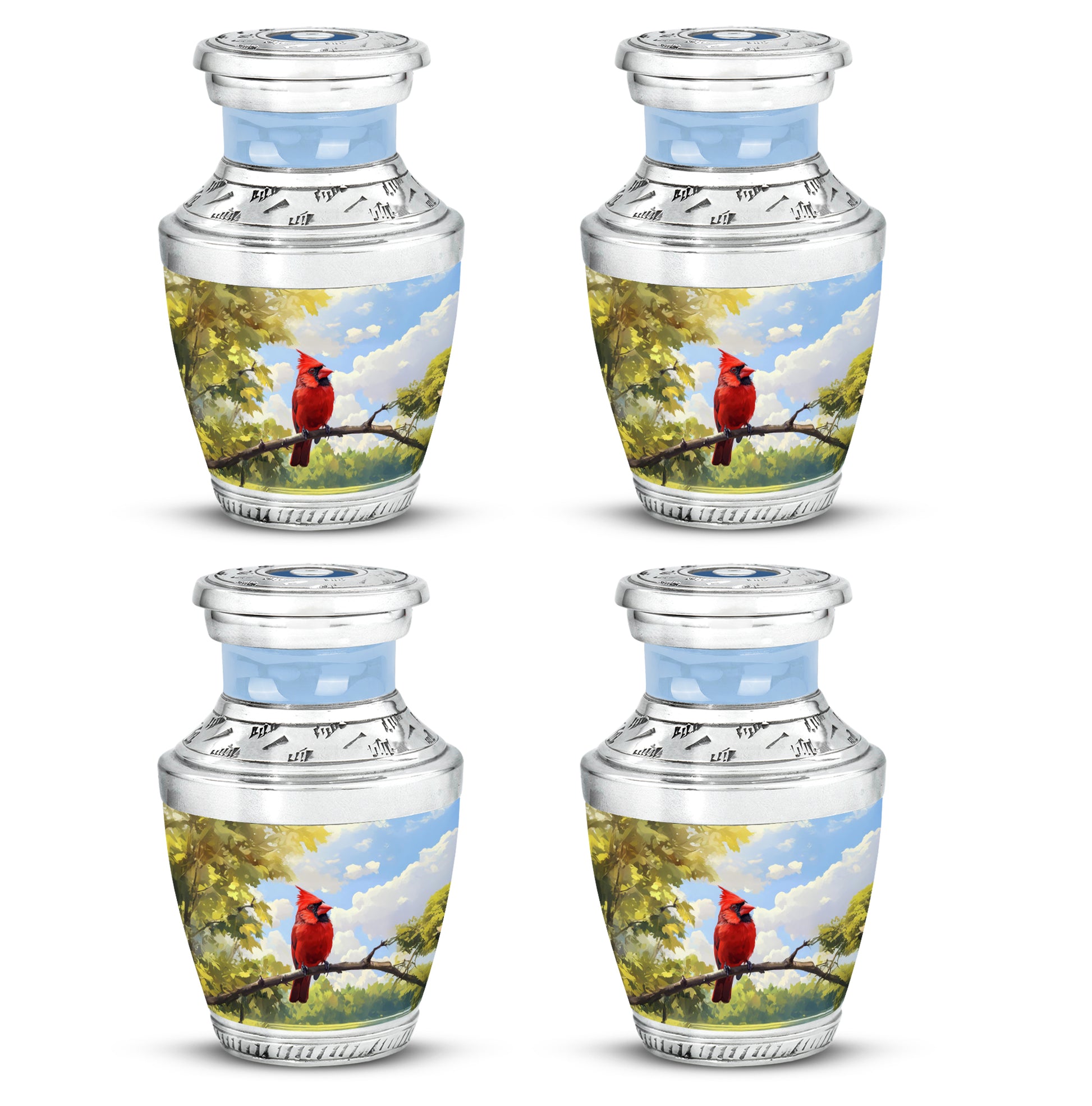 Slate Blue Cardinal Cremation Urn back view with polished surface - contemporary cardinal design with modern artistic flair - 10 inch aluminum urn for cremated remains