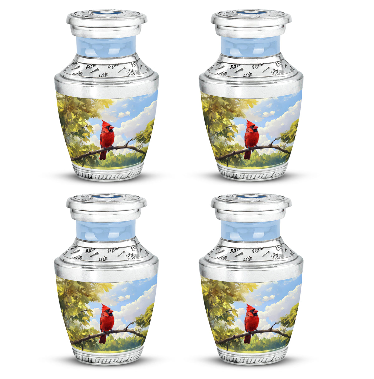 Slate Blue Cardinal Cremation Urn back view with polished surface - contemporary cardinal design with modern artistic flair - 10 inch aluminum urn for cremated remains