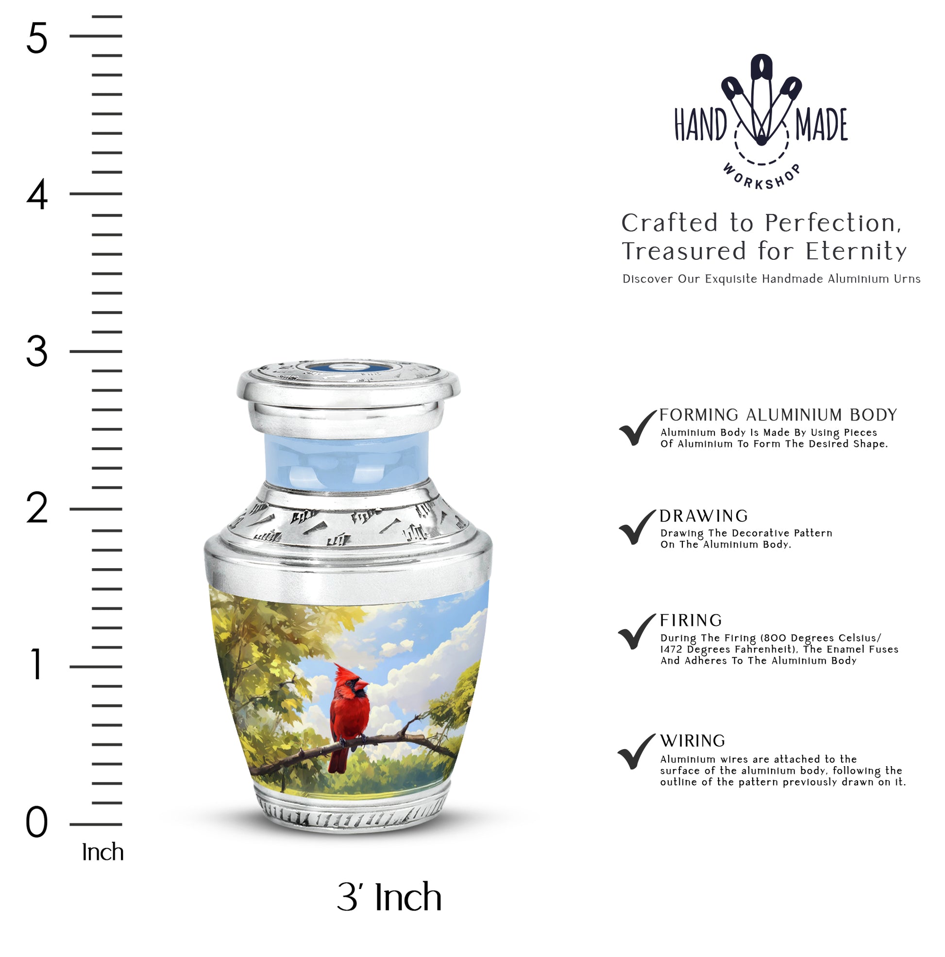 Sapphire Blue Cardinal Cremation Urn top-down view of secure threaded lid - artistic cardinal interpretation with creative detail - mini keepsake memorial for portion of cremation ashes