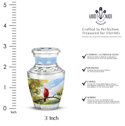Sapphire Blue Cardinal Cremation Urn top-down view of secure threaded lid - artistic cardinal interpretation with creative detail - mini keepsake memorial for portion of cremation ashes
