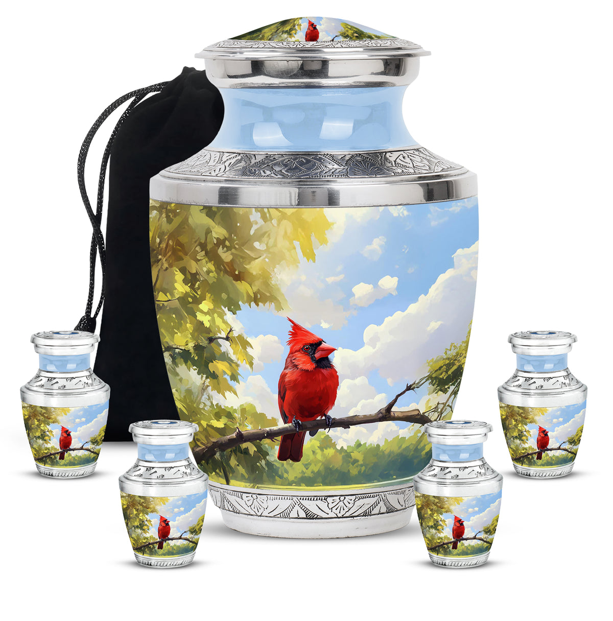 Royal Blue Cardinal Cremation Urn lifestyle display on memorial shelf - stylized abstract cardinal pattern with bold lines - memorial set with one large and four small urns