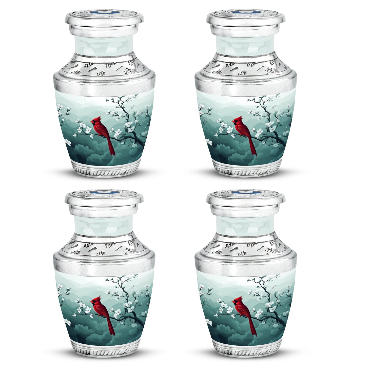 Sterling Silver Cardinal Cremation Urn back view with polished surface - contemporary cardinal design with modern artistic flair - 10 inch aluminum urn for cremated remains