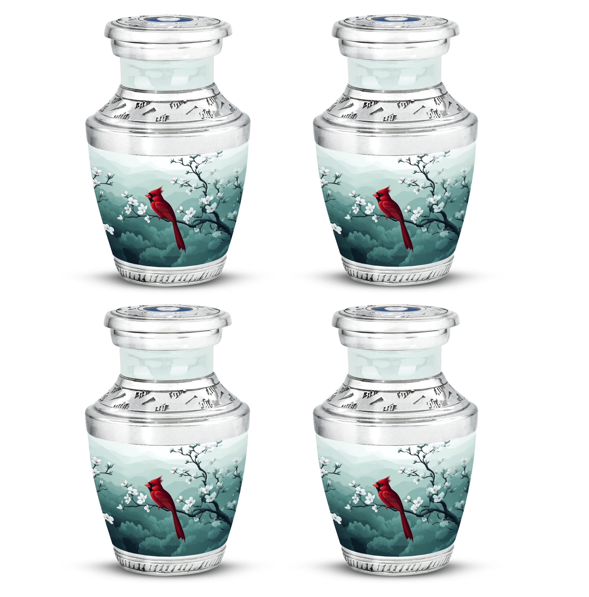 Sterling Silver Cardinal Cremation Urn back view with polished surface - contemporary cardinal design with modern artistic flair - 10 inch aluminum urn for cremated remains