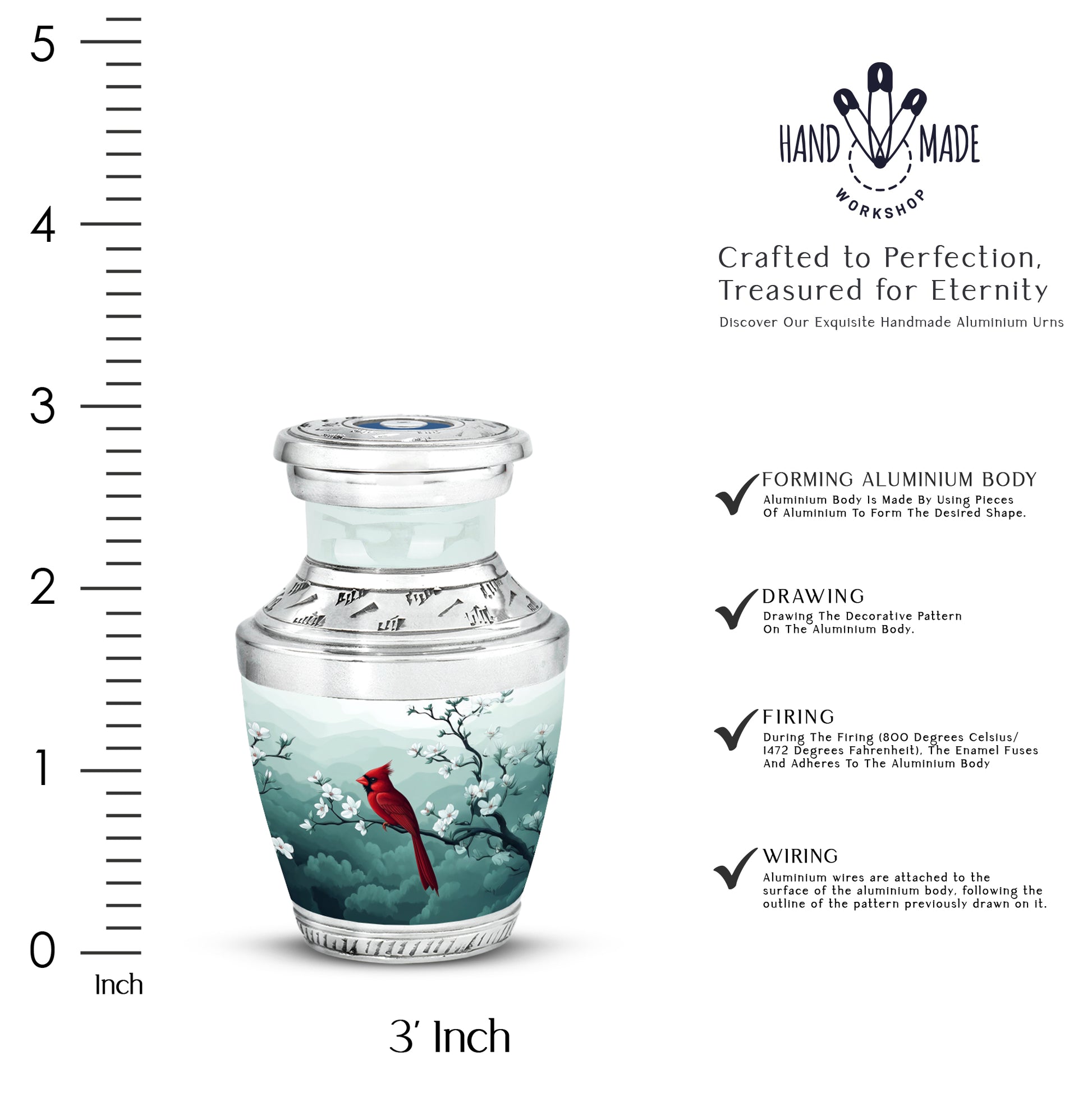 Frosted Silver Cardinal Cremation Urn top-down view of secure threaded lid - stylized abstract cardinal pattern with bold lines - mini keepsake memorial for portion of cremation ashes