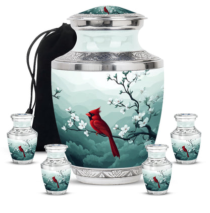 Frosted Silver Cardinal Cremation Urn lifestyle display on memorial shelf - artistic cardinal interpretation with creative detail - memorial set with one large and four small urns