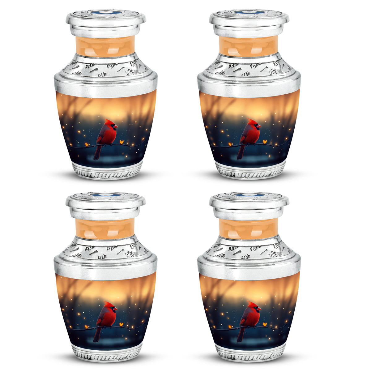 Sunrise Gold Cardinal Cremation Urn back view with polished surface - contemporary cardinal design with modern artistic flair - 10 inch aluminum urn for cremated remains