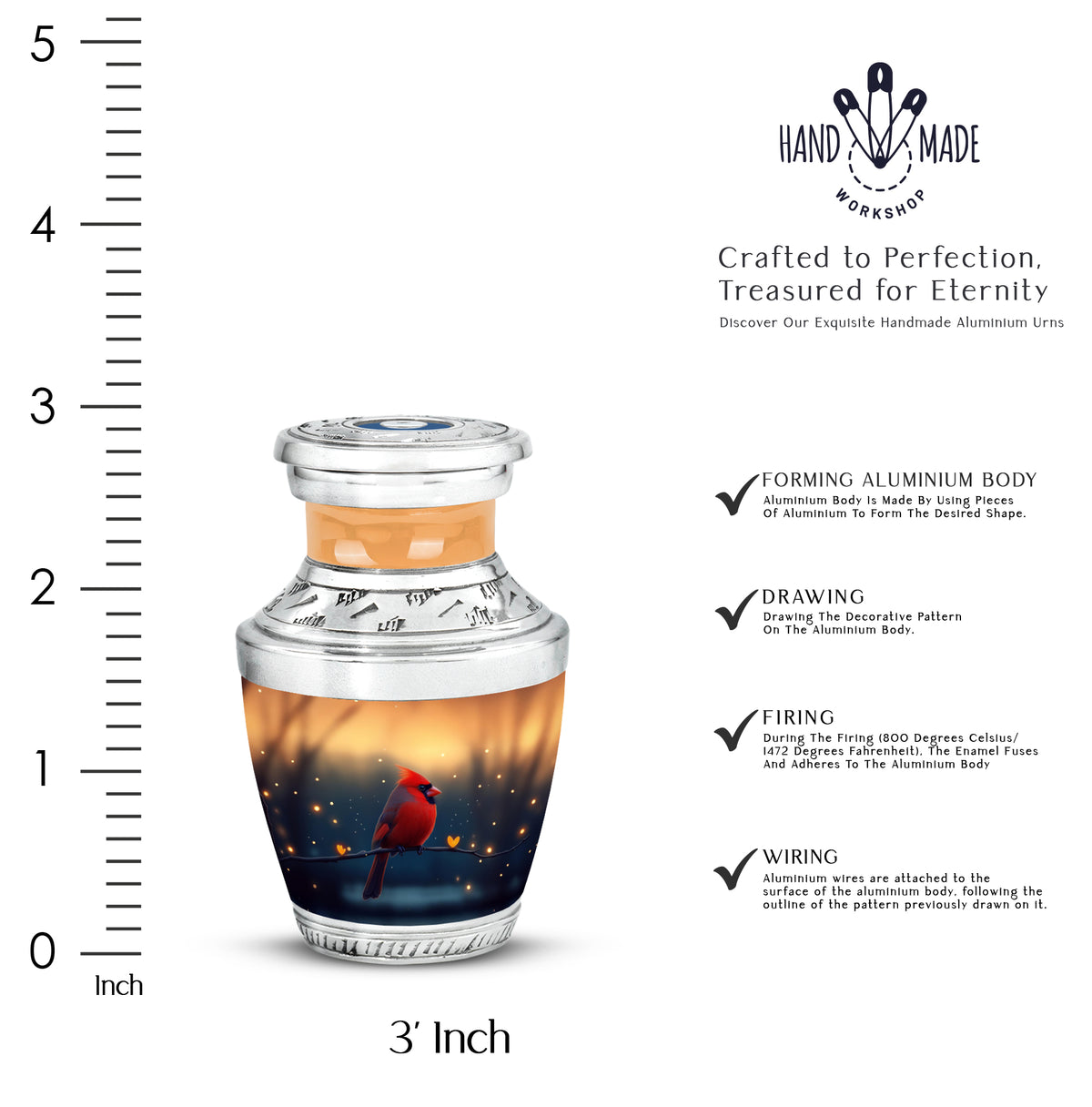 Burnished Gold Cardinal Cremation Urn top-down view of secure threaded lid - artistic cardinal interpretation with creative detail - mini keepsake memorial for portion of cremation ashes
