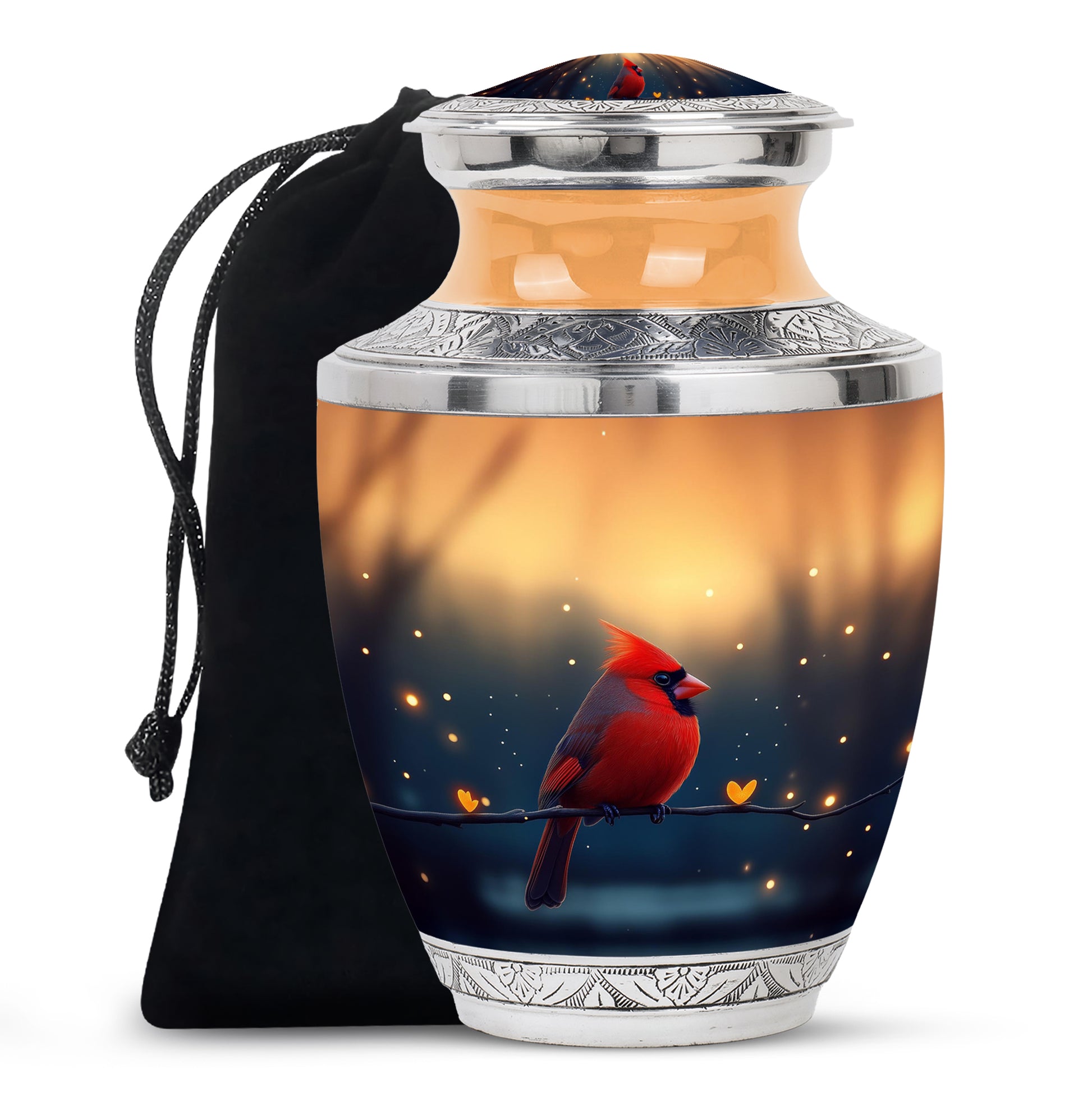 Matte Gold Cardinal Cremation Urn side profile showing urn shape - stylized abstract cardinal pattern with bold lines - full-size 10 inch 200 cubic inch adult cremation urn