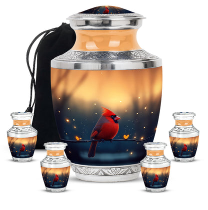 Gilded Gold Cardinal Cremation Urn lifestyle display on memorial shelf - contemporary cardinal design with modern artistic flair - memorial set with one large and four small urns