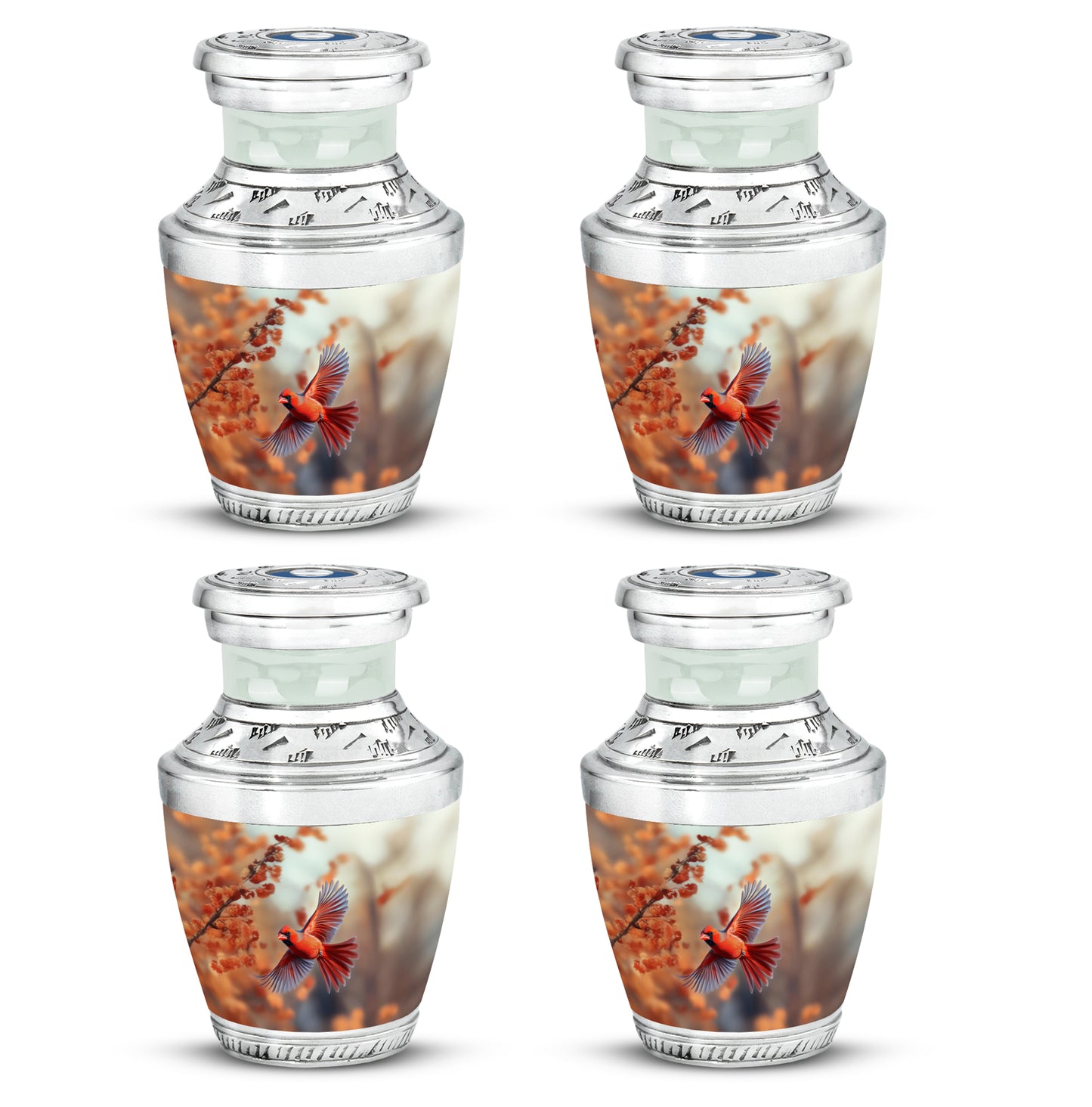 Warm Gold Cardinal Cremation Urn back view with polished surface - artistic cardinal interpretation with creative detail - 10 inch aluminum urn for cremated remains