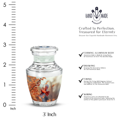 Royal Gold Cardinal Cremation Urn top-down view of secure threaded lid - artistic cardinal interpretation with creative detail - mini keepsake memorial for portion of cremation ashes