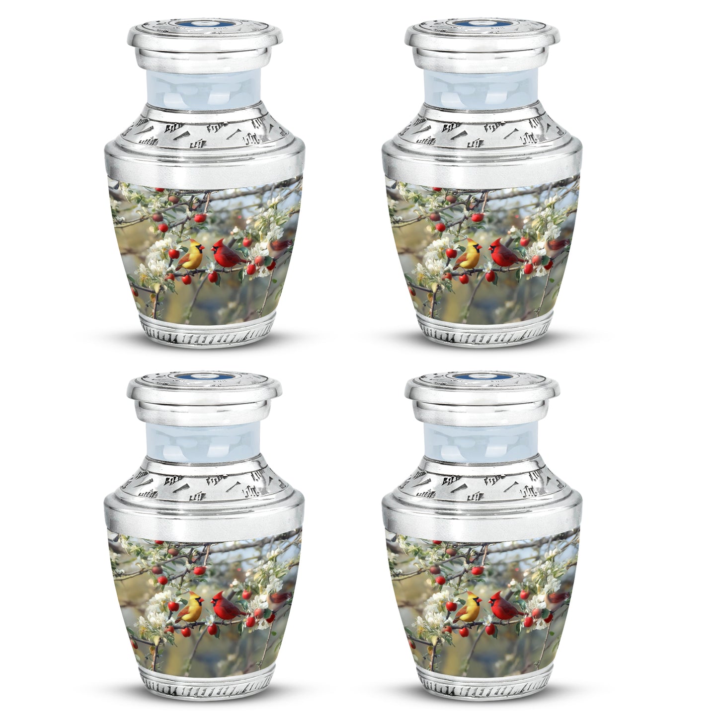 Frosted Silver Cardinal Cremation Urn back view with polished surface - stylized abstract cardinal pattern with bold lines - 10 inch aluminum urn for cremated remains