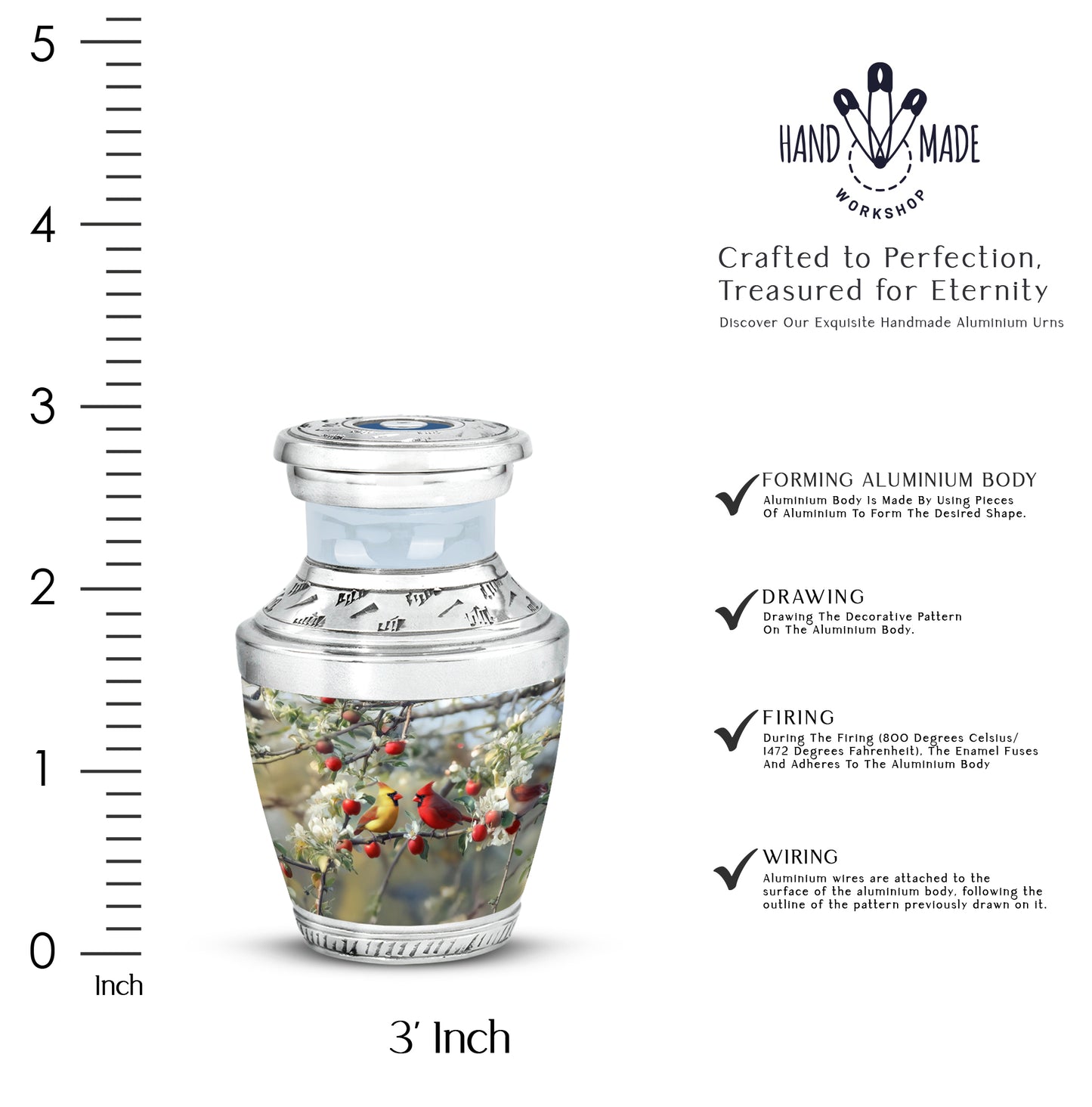 Frosted Silver Cardinal Cremation Urn top-down view of secure threaded lid - stylized abstract cardinal pattern with bold lines - mini keepsake memorial for portion of cremation ashes