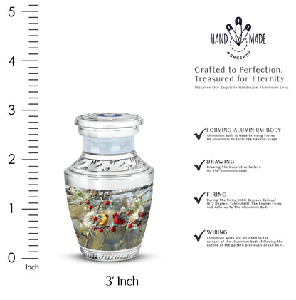 Frosted Silver Cardinal Cremation Urn top-down view of secure threaded lid - stylized abstract cardinal pattern with bold lines - mini keepsake memorial for portion of cremation ashes