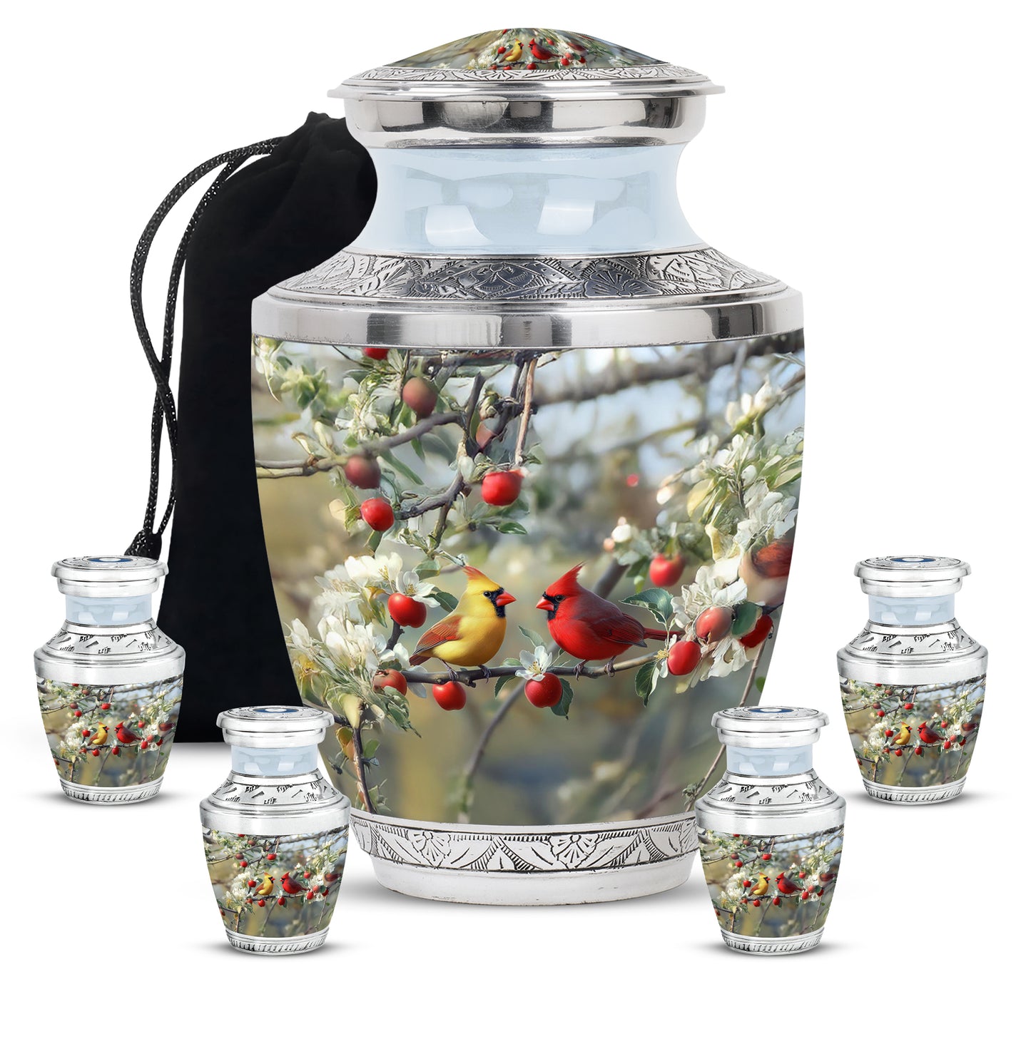 Gleaming Silver Cardinal Cremation Urn lifestyle display on memorial shelf - modern art-inspired cardinal motif on sleek aluminum - memorial set with one large and four small urns