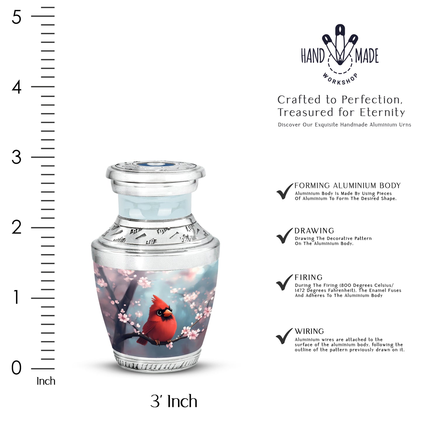 Sea Green Teal Cardinal Cremation Urn top-down view of secure threaded lid - modern art-inspired cardinal motif on sleek aluminum - mini keepsake memorial for portion of cremation ashes