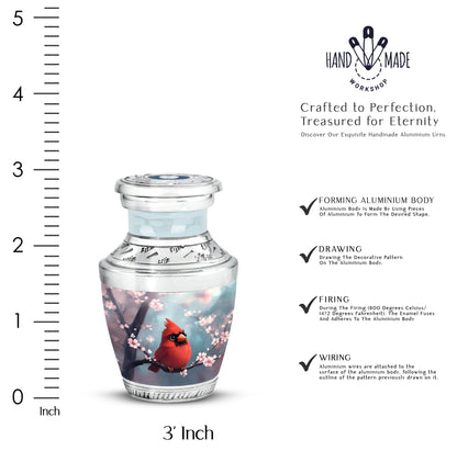 Sea Green Teal Cardinal Cremation Urn top-down view of secure threaded lid - modern art-inspired cardinal motif on sleek aluminum - mini keepsake memorial for portion of cremation ashes
